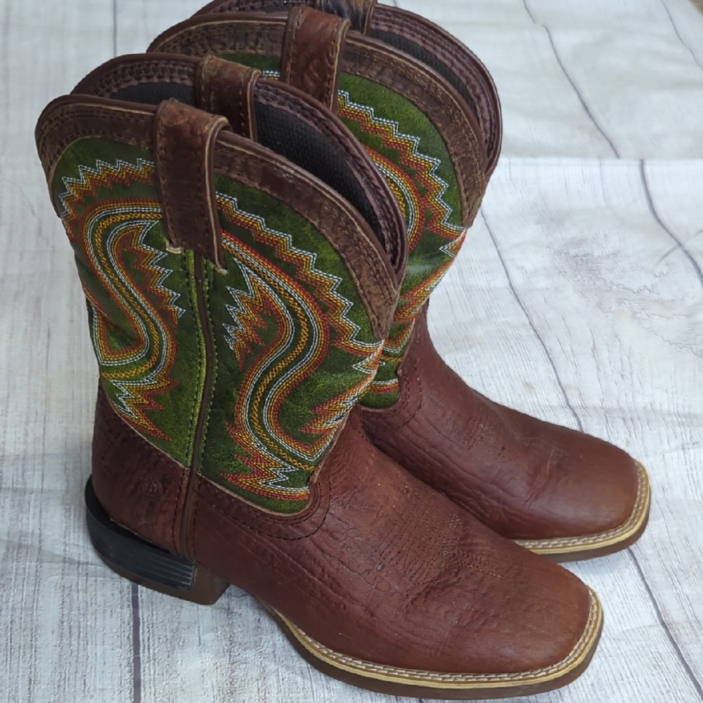Durango Brown Leather Kids Cowboy Boots with Green Embroidered Shaft